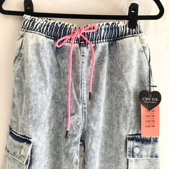 "Malibu" Acid Wash Denim Jogger Pants Blue Size S - Picture 8 of 8